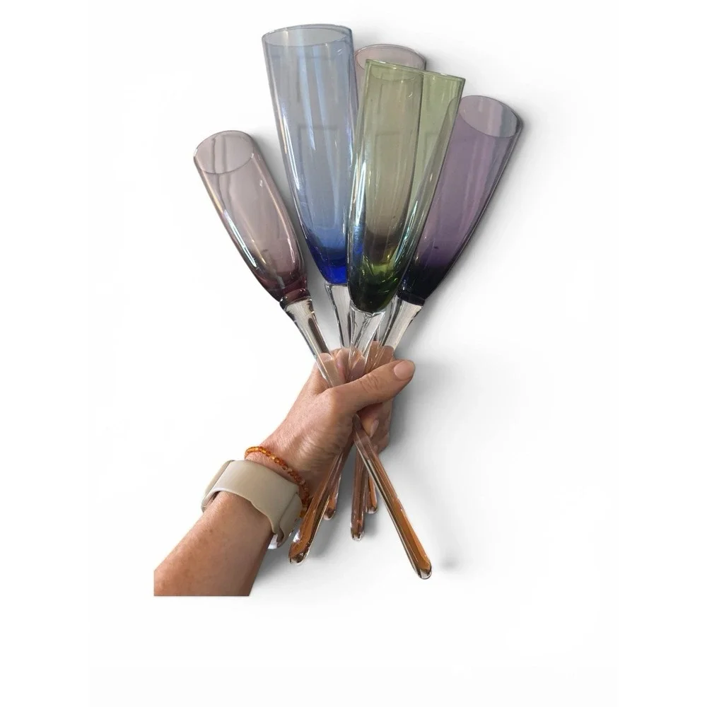 Bouquet Champagne Toasting Flutes 5 Different Colored Stems Glass